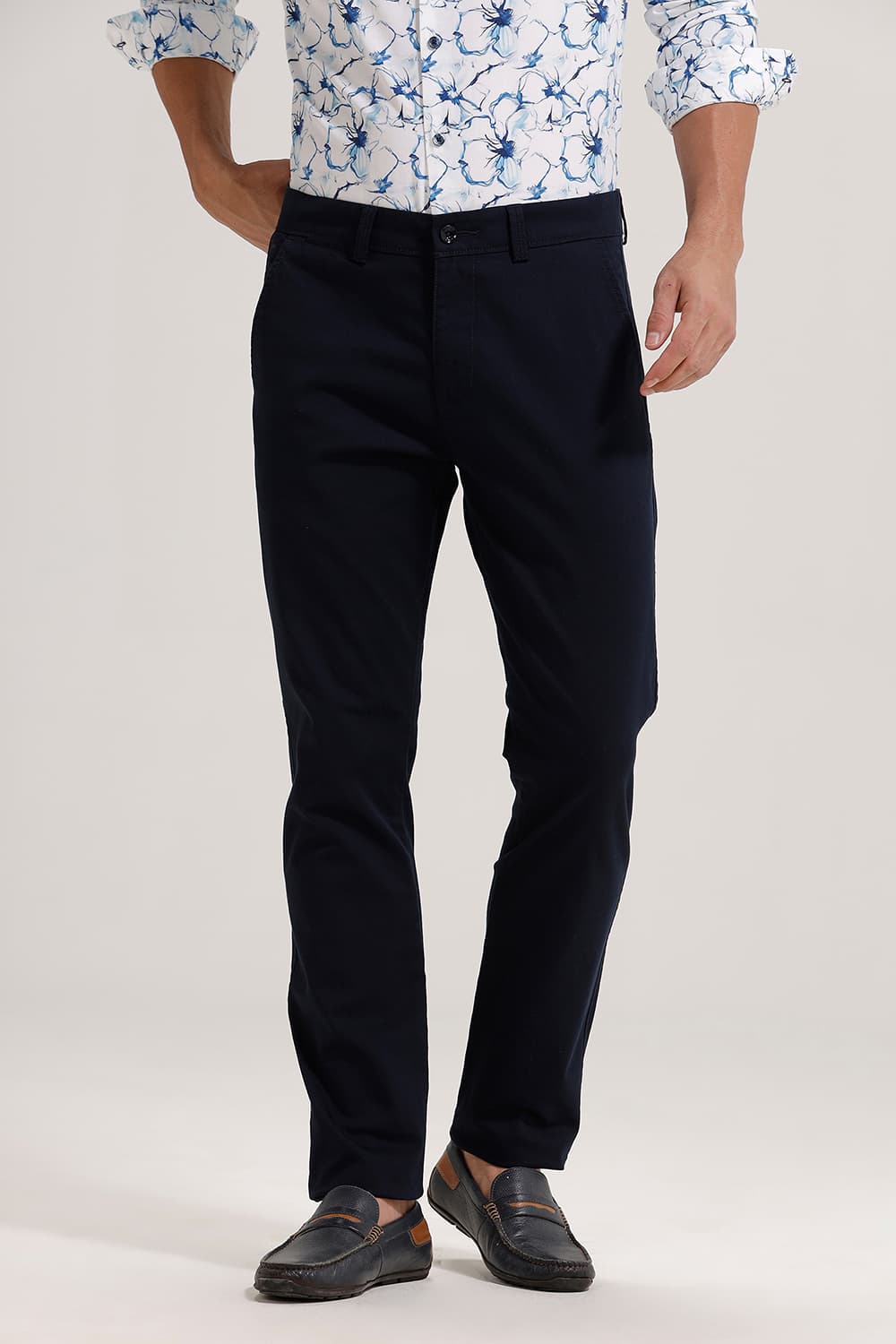 BASICS TAPERED FIT NAVY COTTON STRETCH TROUSER
