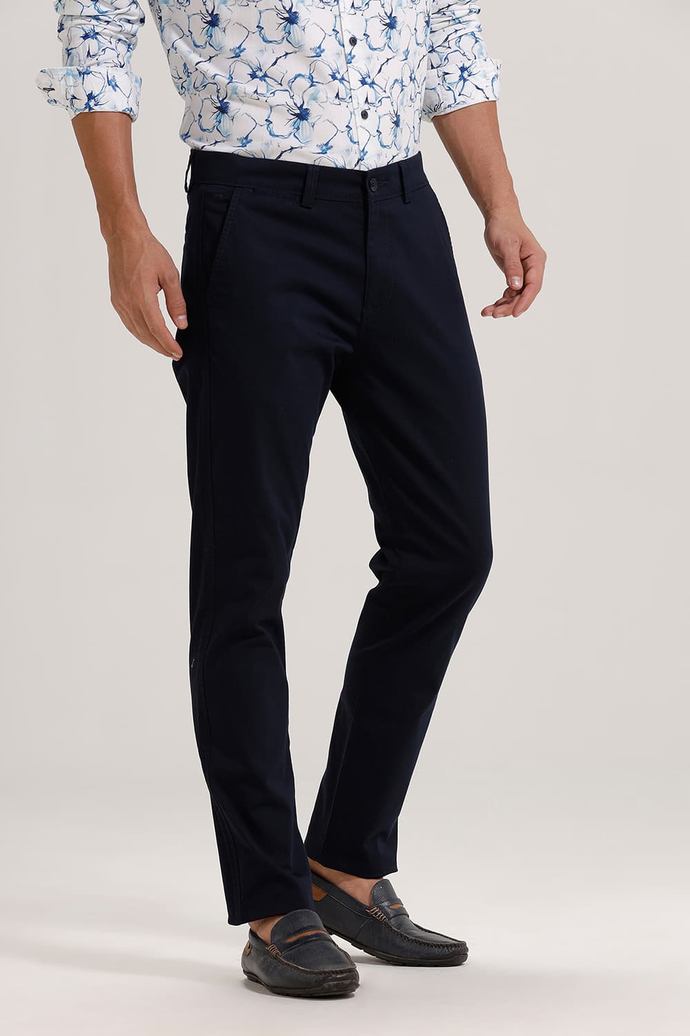 BASICS TAPERED FIT NAVY COTTON STRETCH TROUSER