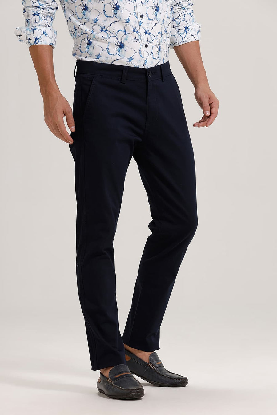 BASICS TAPERED FIT NAVY COTTON STRETCH TROUSER