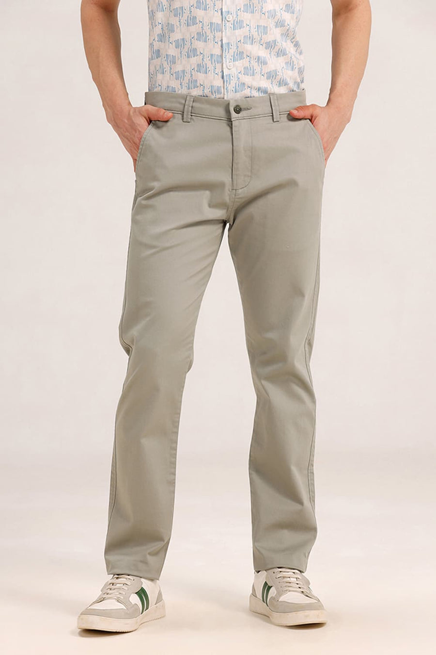 BASICS TAPERED FIT GREEN COTTON STRETCH TROUSER