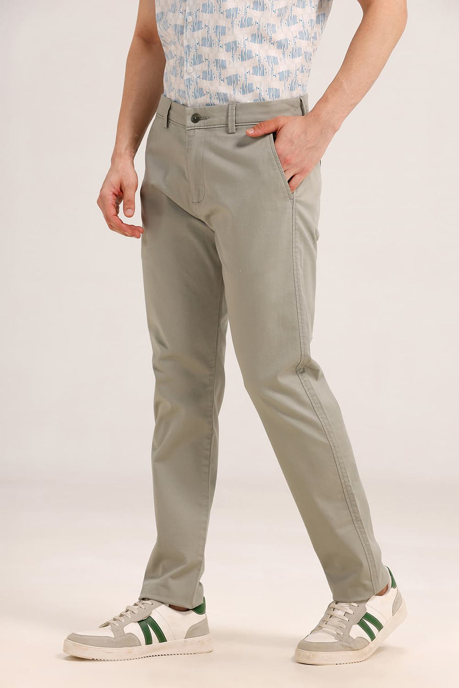 BASICS TAPERED FIT GREEN COTTON STRETCH TROUSER
