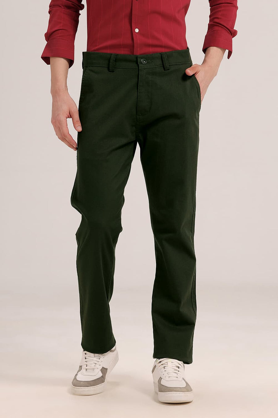 BASICS TAPERED FIT DARK GREEN COTTON STRETCH TROUSER