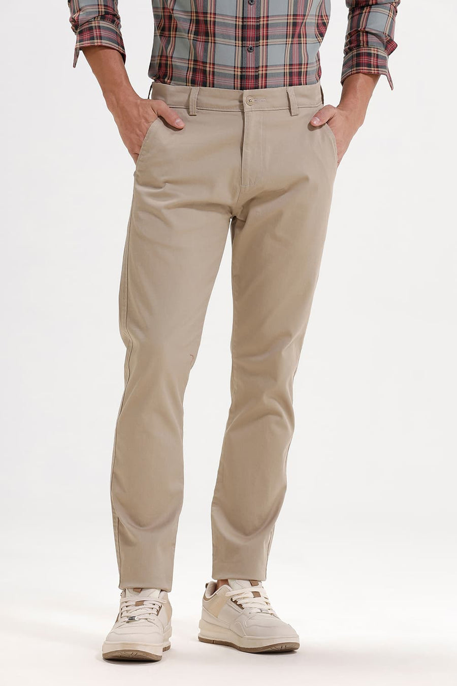 BASICS TAPERED FIT KHAKI COTTON STRETCH TROUSER