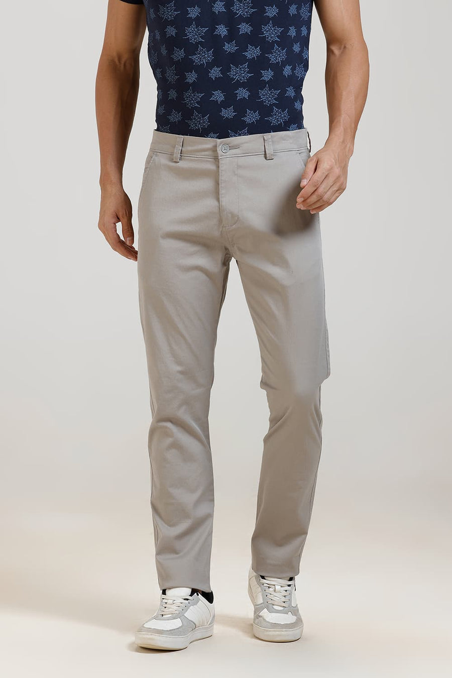 BASICS TAPERED FIT MID GREY COTTON STRETCH TROUSER