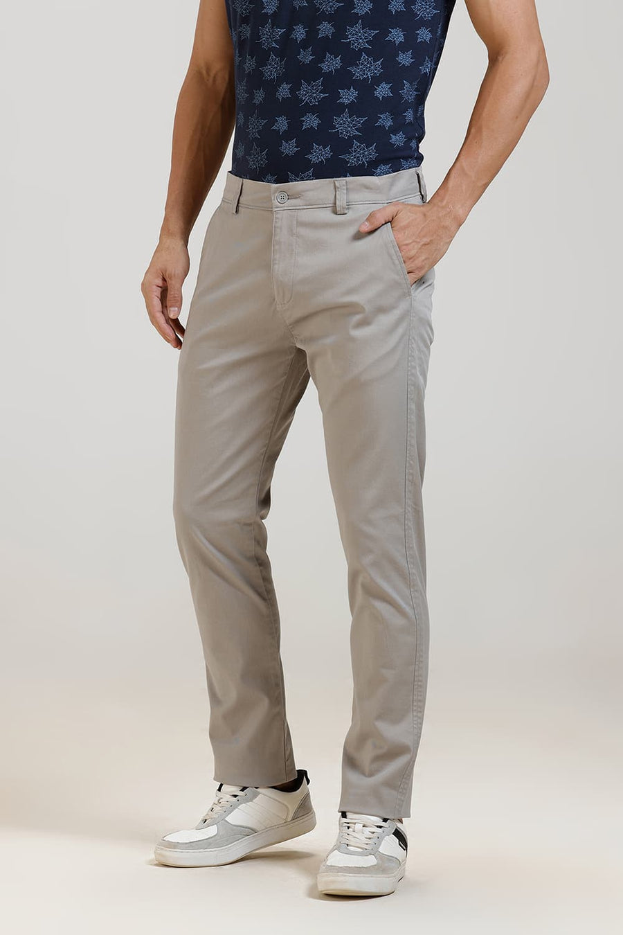 BASICS TAPERED FIT MID GREY COTTON STRETCH TROUSER