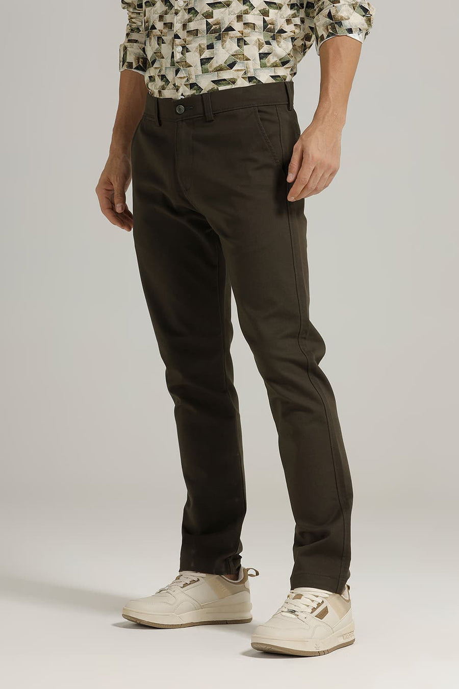 BASICS TAPERED FIT OLIVE COTTON STRETCH TROUSER