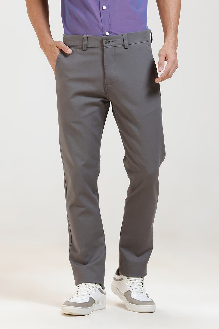 BASICS TAPERED FIT MID GREY COTTON STRETCH TROUSER