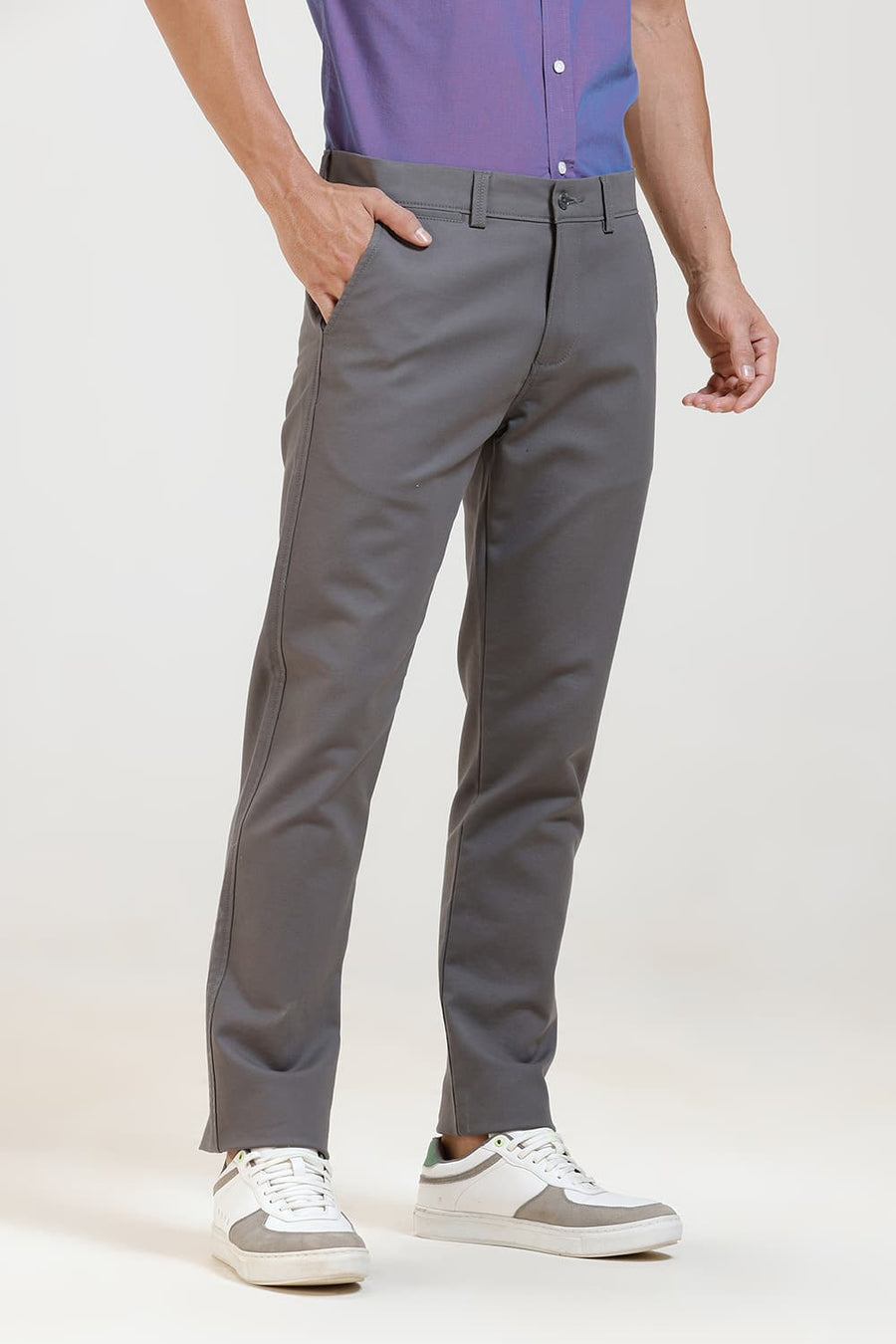BASICS TAPERED FIT MID GREY COTTON STRETCH TROUSER
