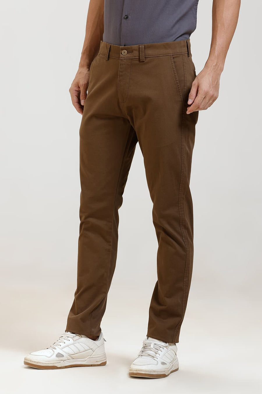 BASICS TAPERED FIT KHAKI COTTON STRETCH TROUSER