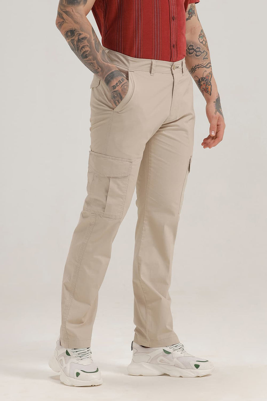 BASICS DRIFT FIT BEIGE COTTON STRETCH RIBSTOP DOBBY TROUSER