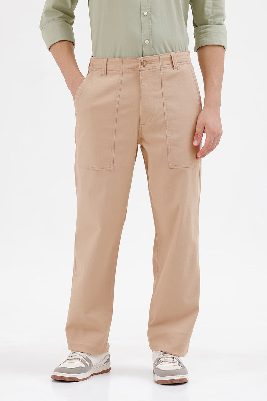 BASICS RELAXED FIT NOMAD KHAKI COTTON STRETCH STRUCTURE TROUSER