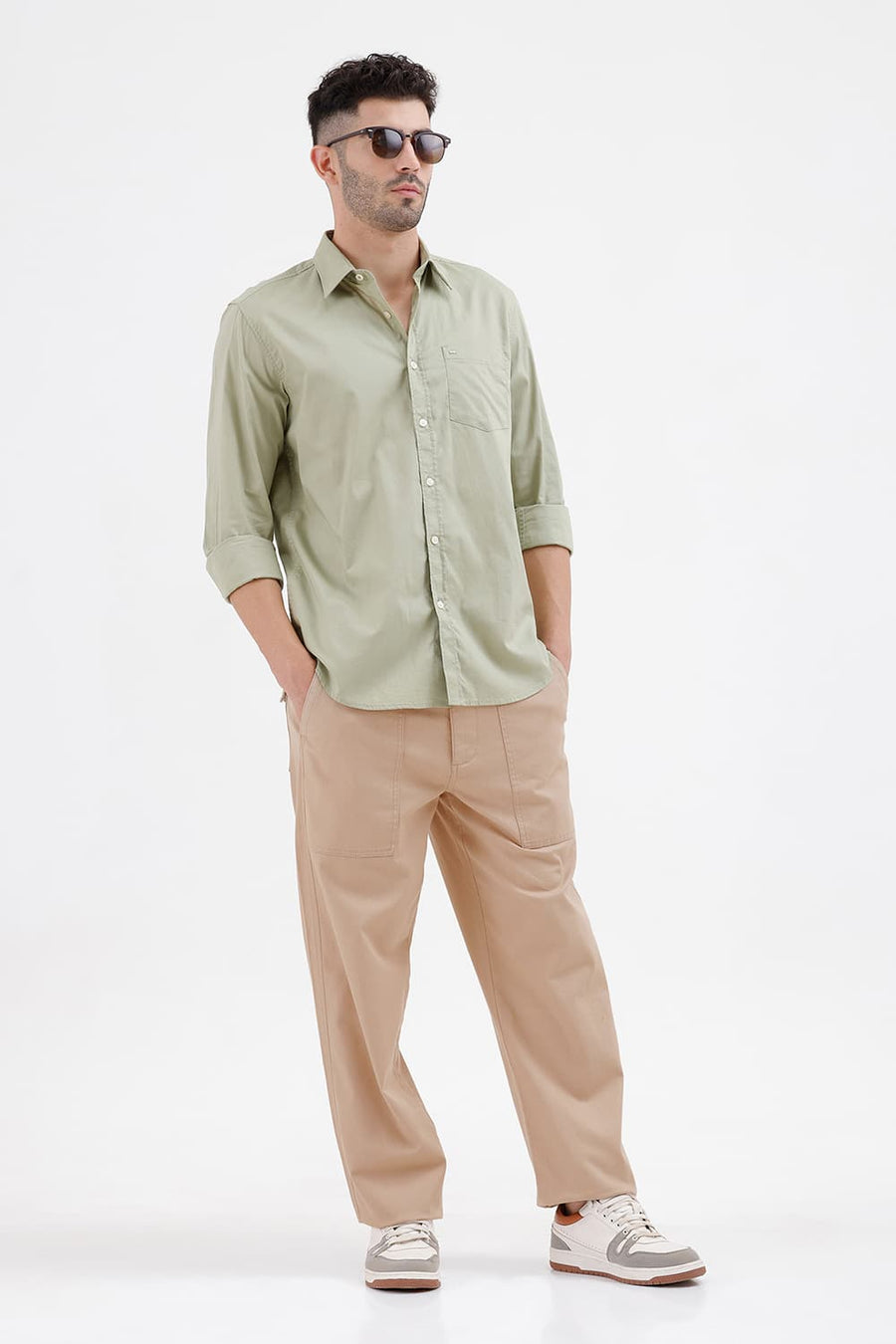 BASICS RELAXED FIT NOMAD KHAKI COTTON STRETCH STRUCTURE TROUSER
