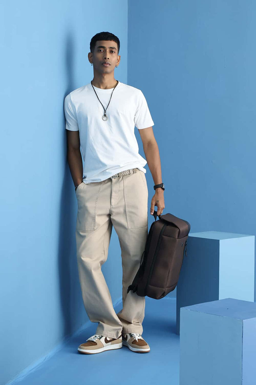 BASICS RELAXED FIT NOMAD KHAKI COTTON STRETCH STRUCTURE TROUSER
