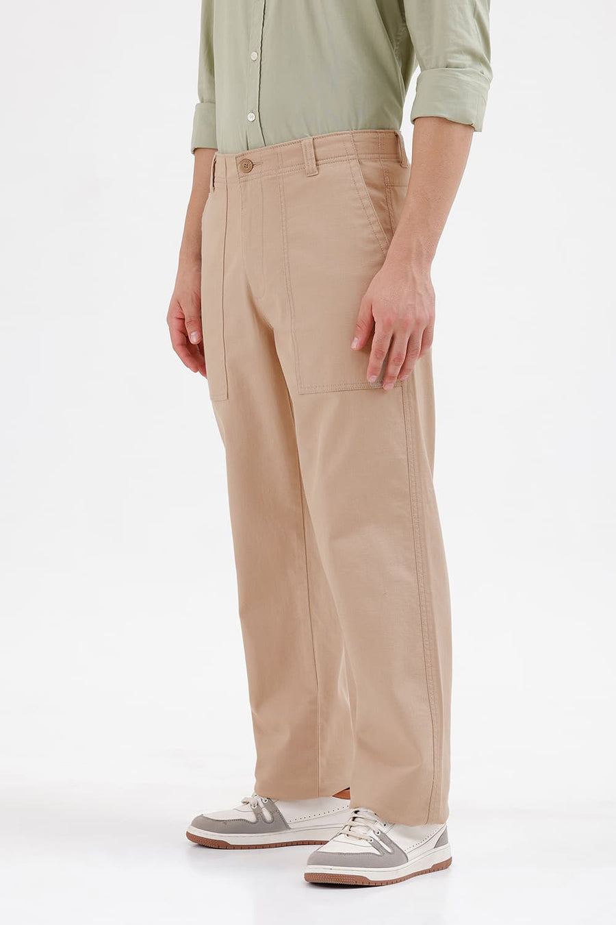 BASICS RELAXED FIT NOMAD KHAKI COTTON STRETCH STRUCTURE TROUSER