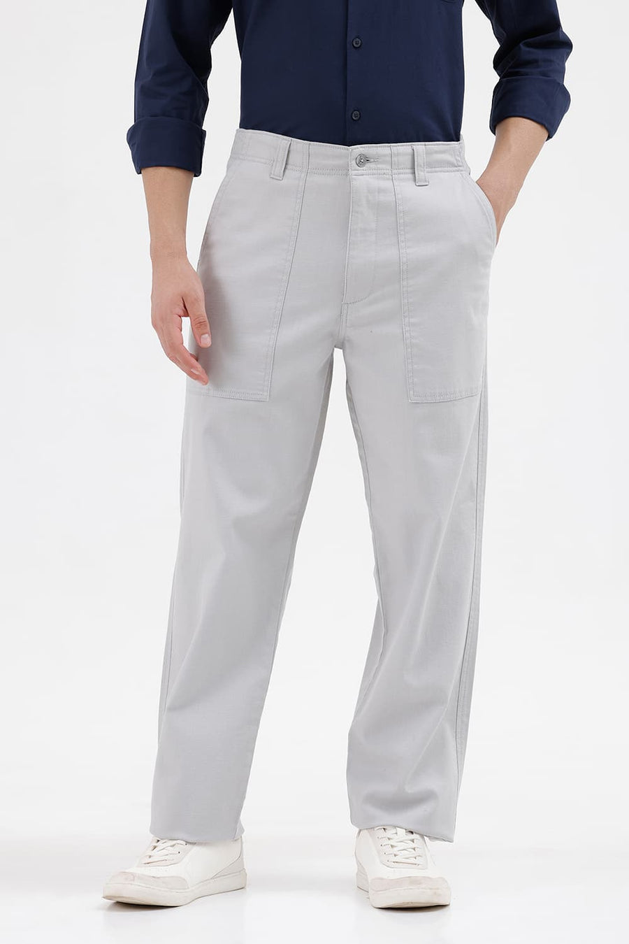 BASICS RELAXED FIT HARBOR MIST GREY COTTON STRETCH STRUCTURE TROUSER
