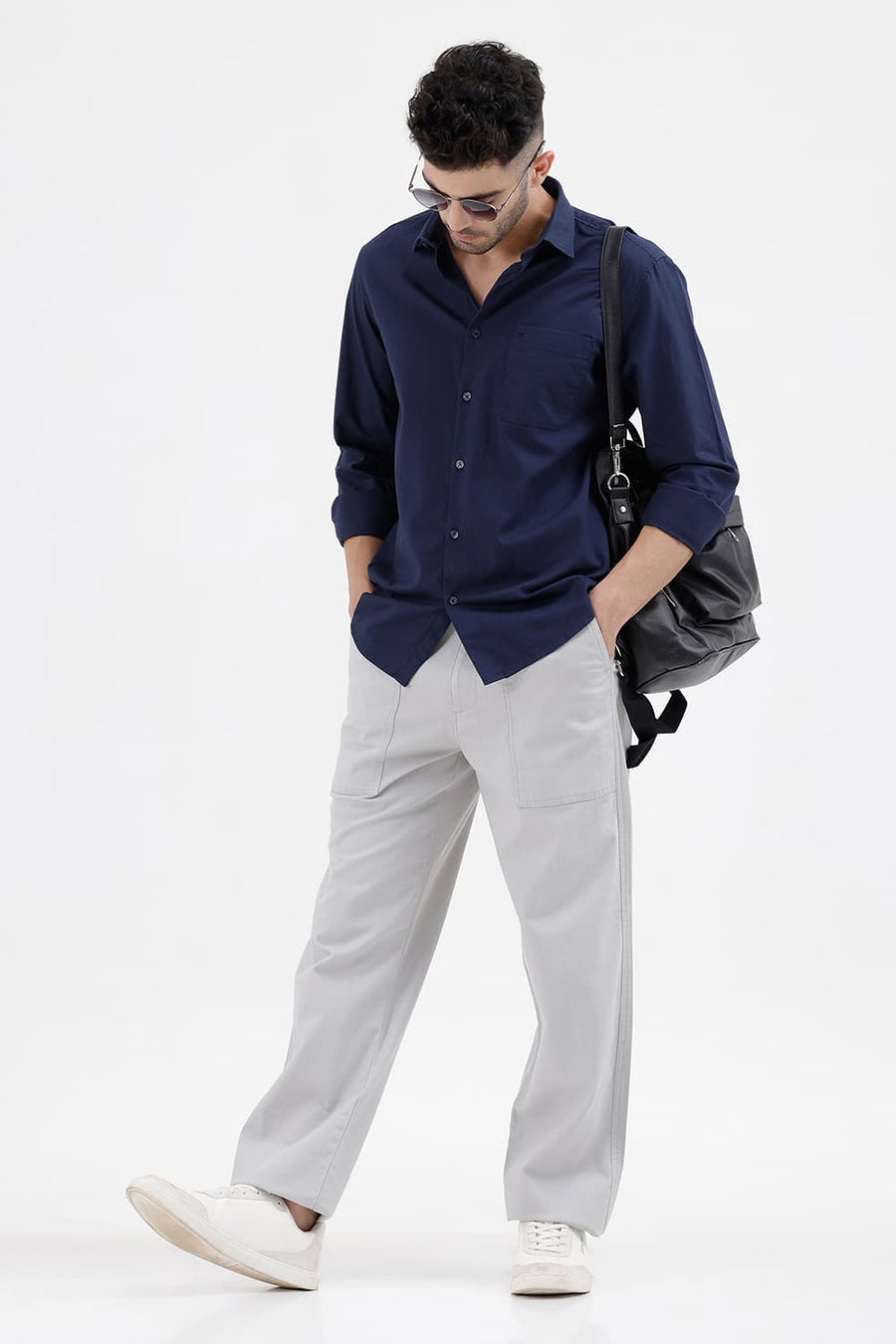 BASICS RELAXED FIT HARBOR MIST GREY COTTON STRETCH STRUCTURE TROUSER
