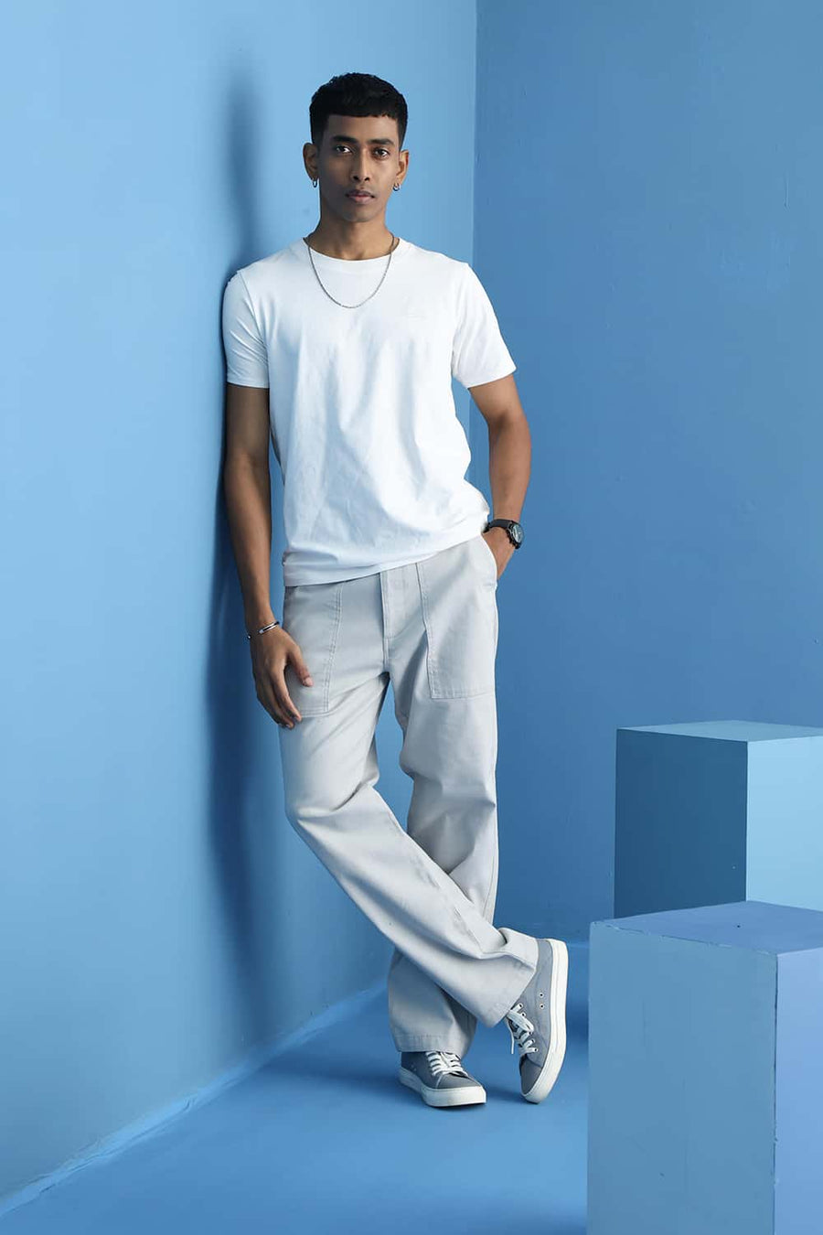 Basics Relaxed Fit Harbor Mist Grey Cotton Stretch Structure Trouser