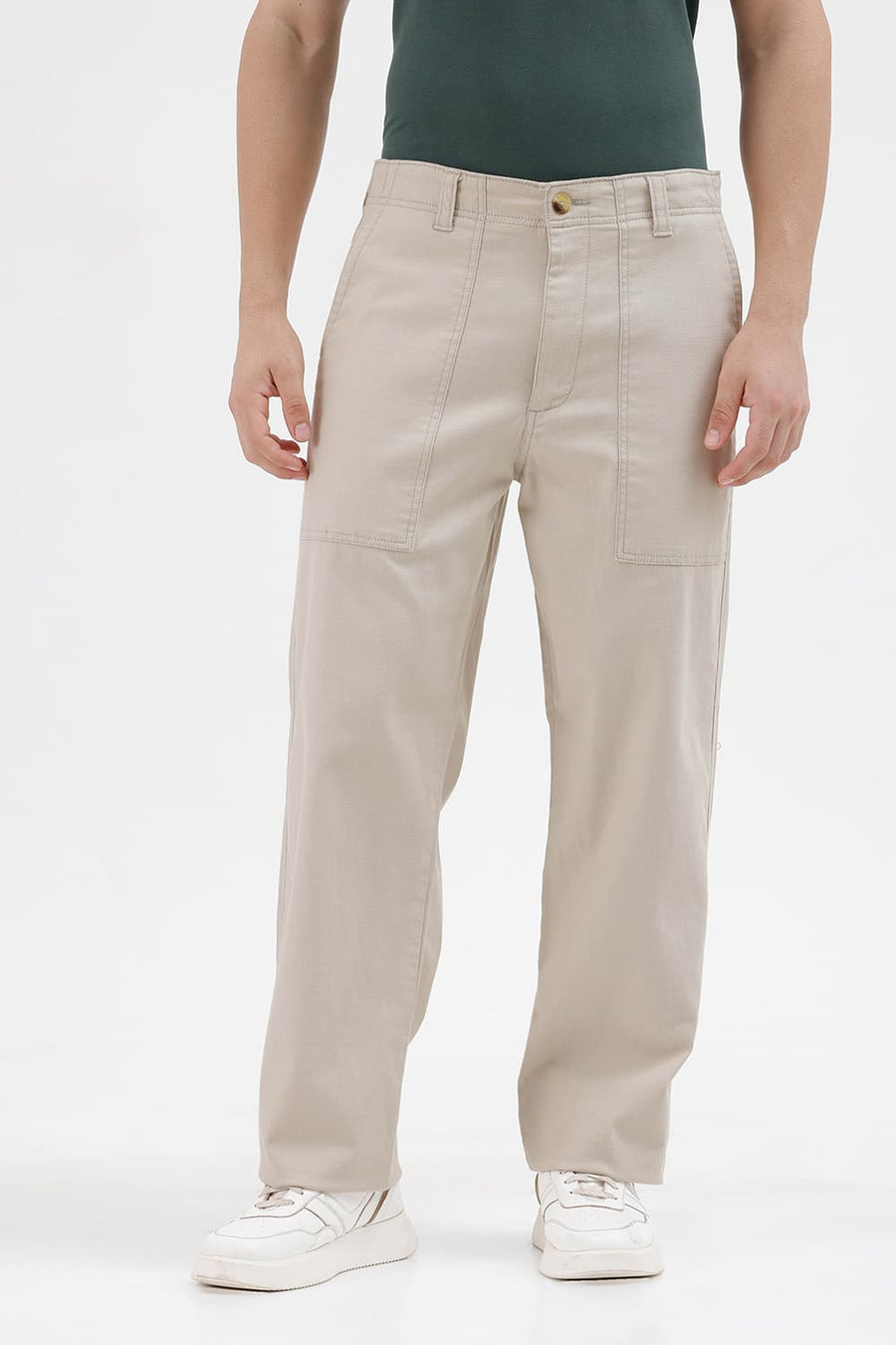 BASICS RELAXED FIT TIDAL FOAM BEIGE COTTON STRETCH STRUCTURE TROUSER