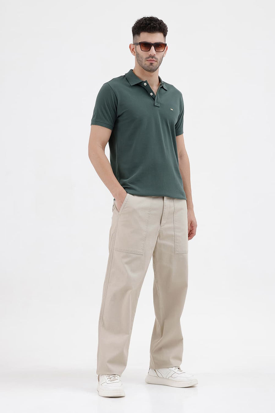BASICS RELAXED FIT TIDAL FOAM BEIGE COTTON STRETCH STRUCTURE TROUSER