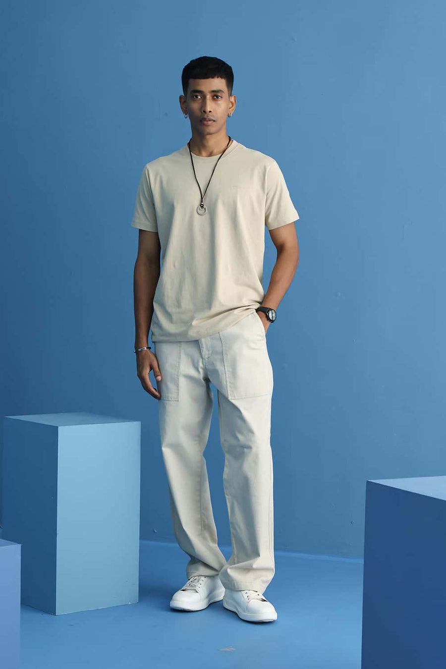 BASICS RELAXED FIT TIDAL FOAM BEIGE COTTON STRETCH STRUCTURE TROUSER