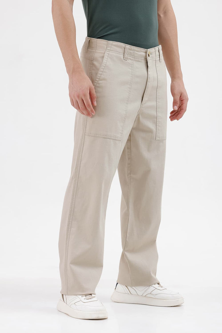 BASICS RELAXED FIT TIDAL FOAM BEIGE COTTON STRETCH STRUCTURE TROUSER