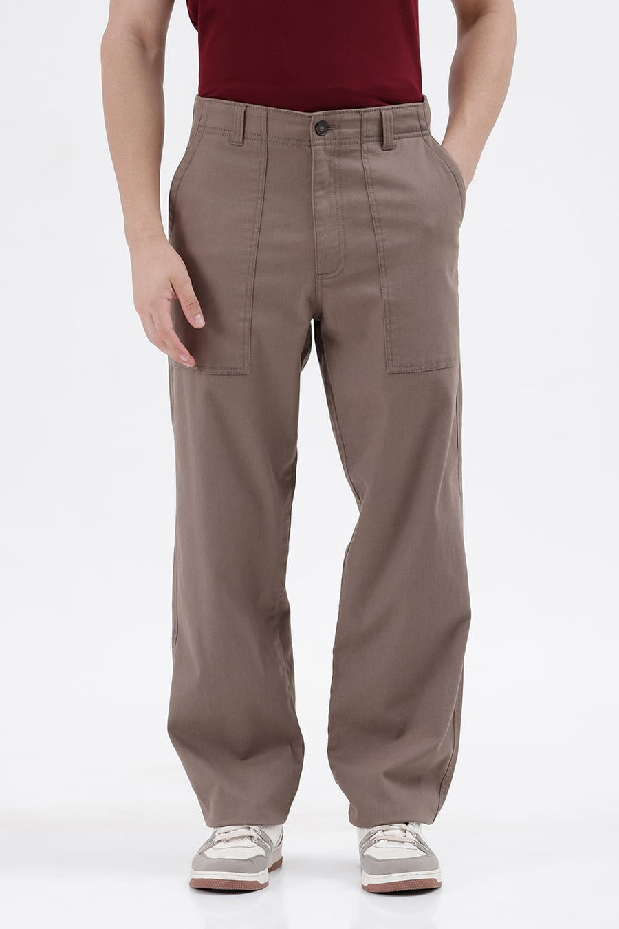 BASICS RELAXED FIT SHITAKE BROWN COTTON STRETCH STRUCTURE TROUSER