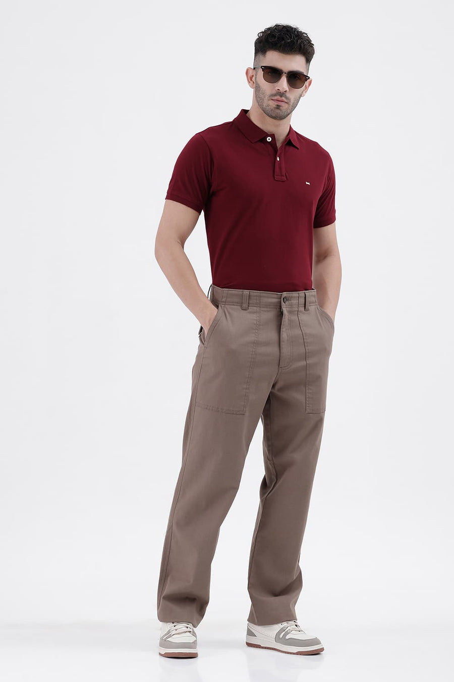 BASICS RELAXED FIT SHITAKE BROWN COTTON STRETCH STRUCTURE TROUSER