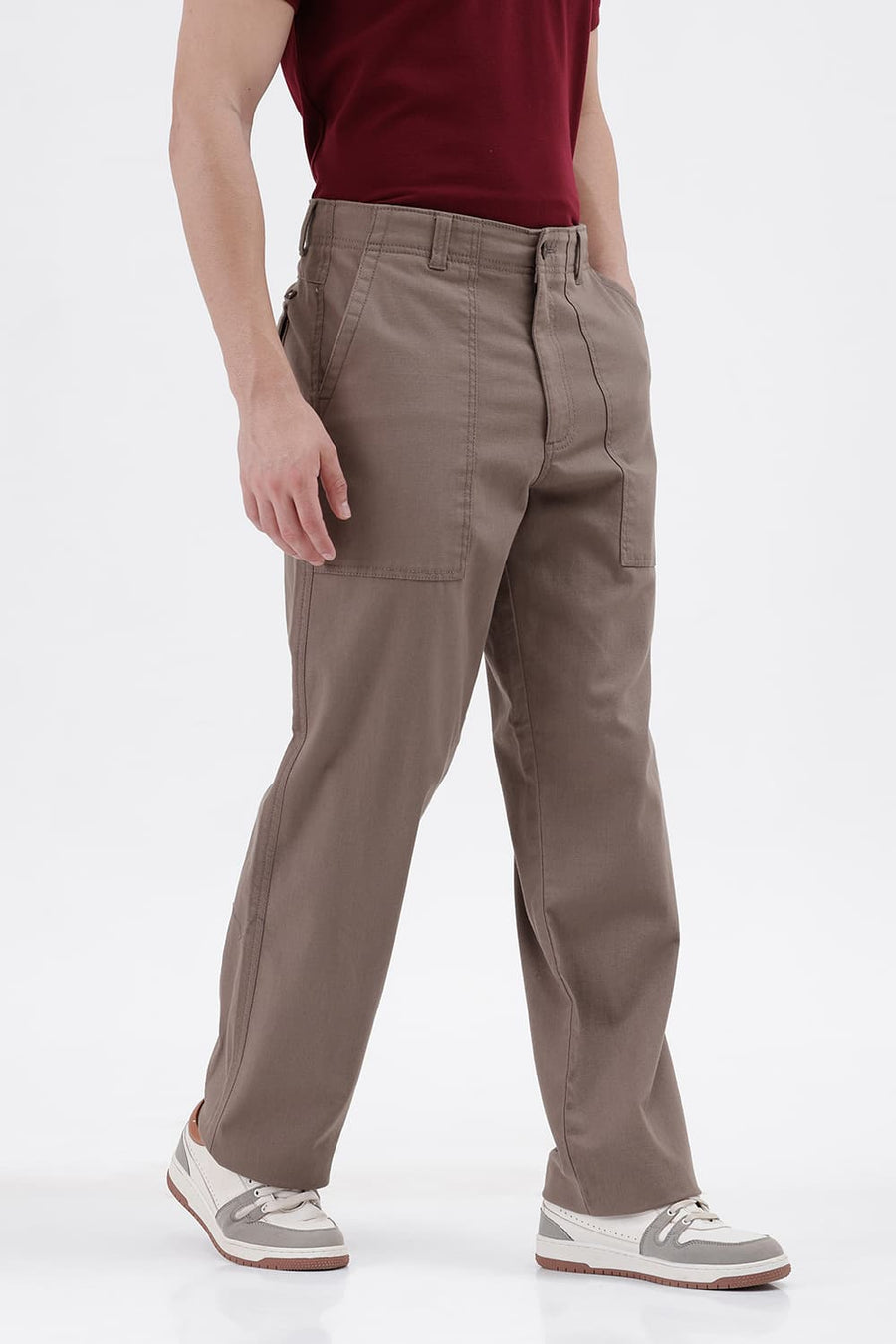 BASICS RELAXED FIT SHITAKE BROWN COTTON STRETCH STRUCTURE TROUSER