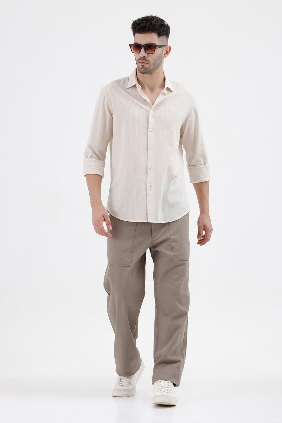 BASICS RELAXED FIT DUSKY GREEN COTTON STRETCH STRUCTURE TROUSER