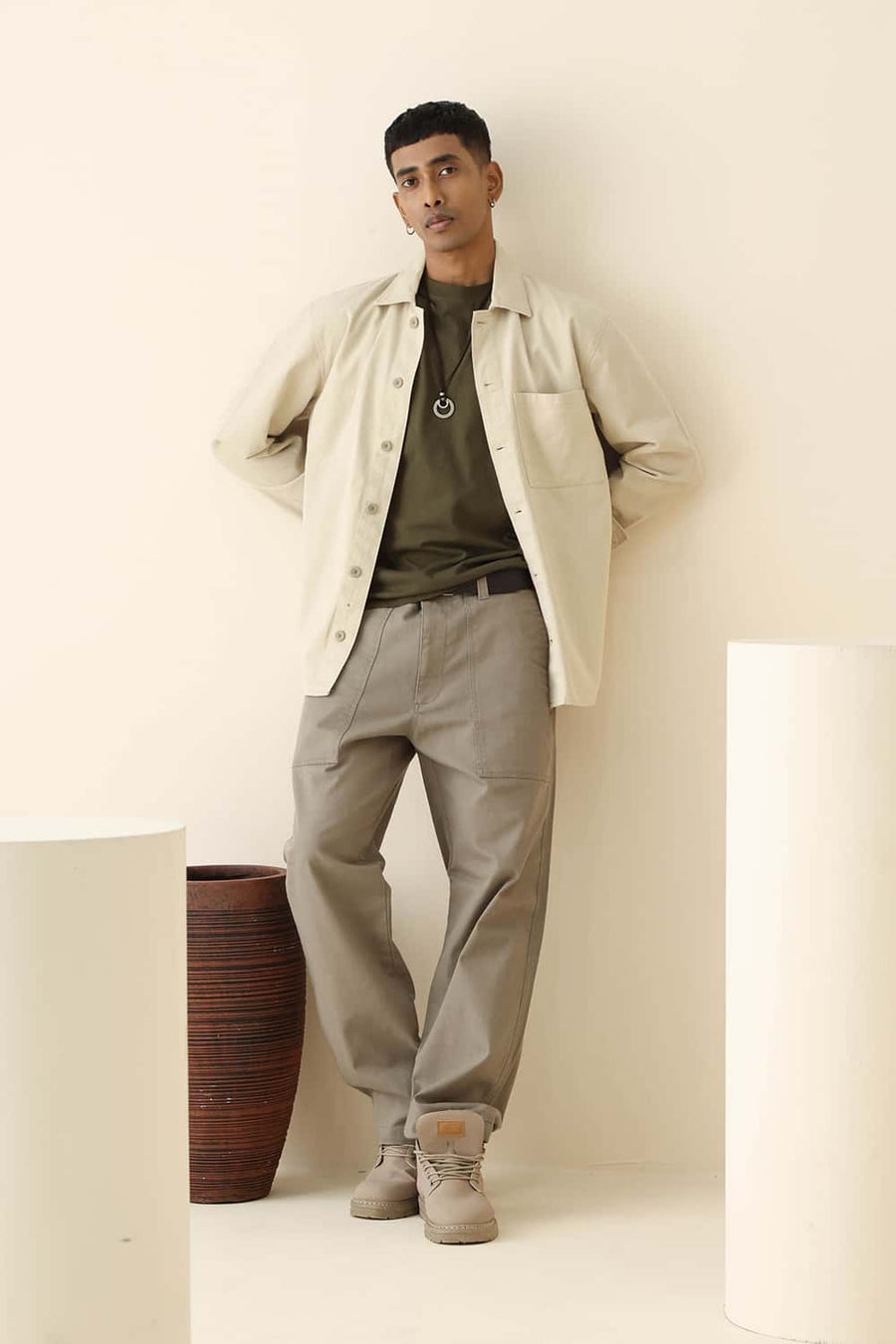 BASICS RELAXED FIT DUSKY GREEN COTTON STRETCH STRUCTURE TROUSER