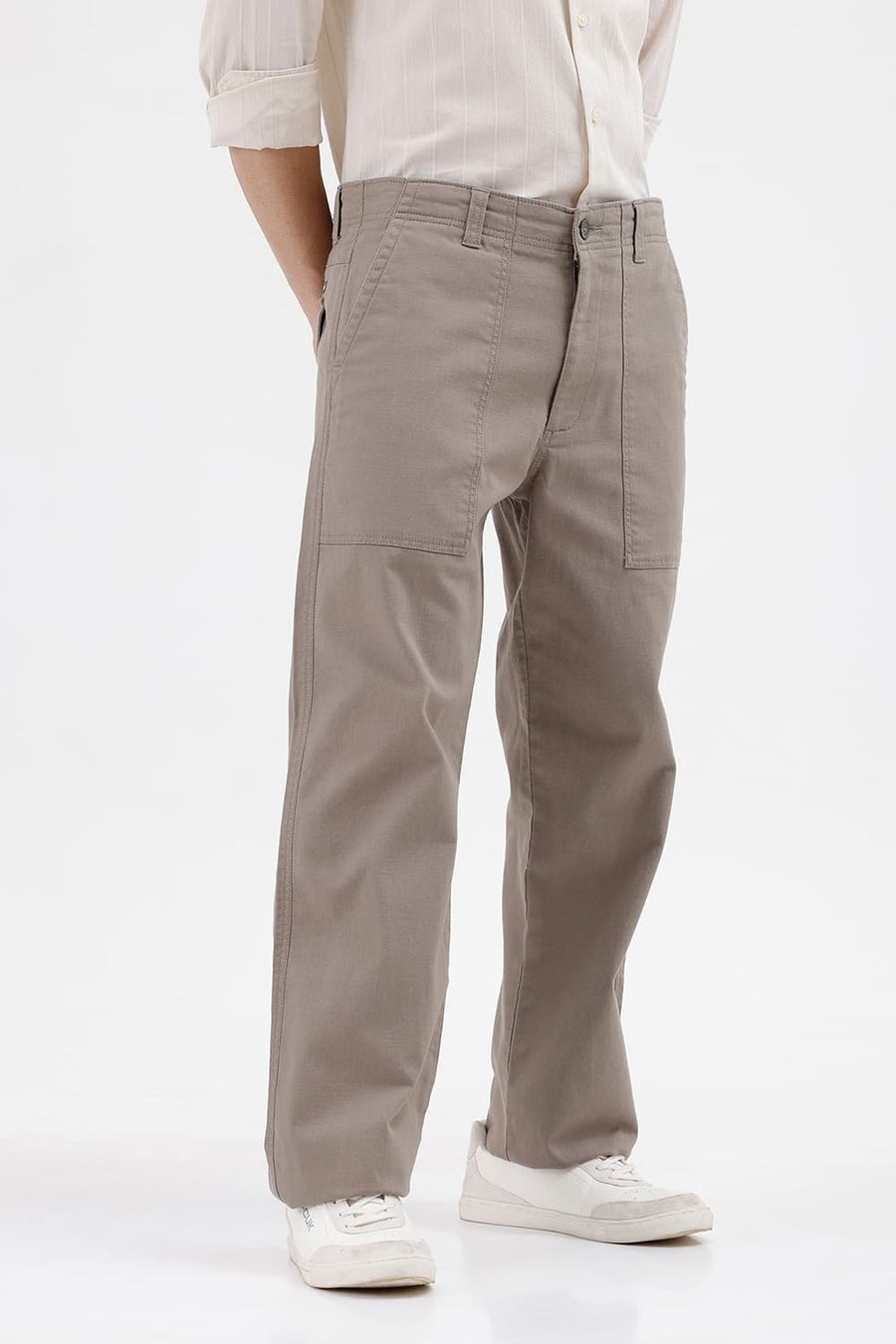 BASICS RELAXED FIT DUSKY GREEN COTTON STRETCH STRUCTURE TROUSER
