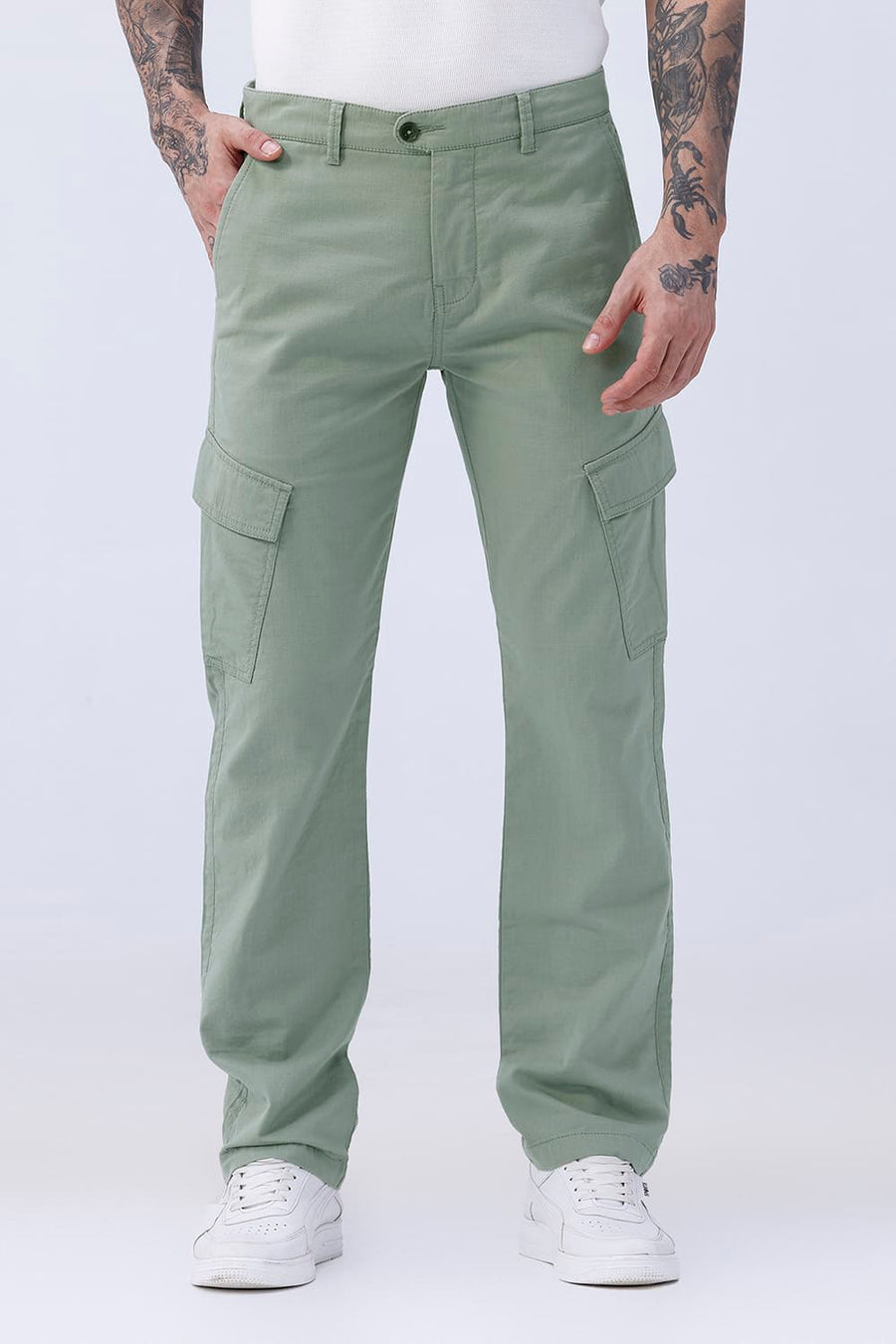 BASICS DRIFT FIT DRIED SAGE GREEN COTTON DOUBLE CLOTH TROUSER