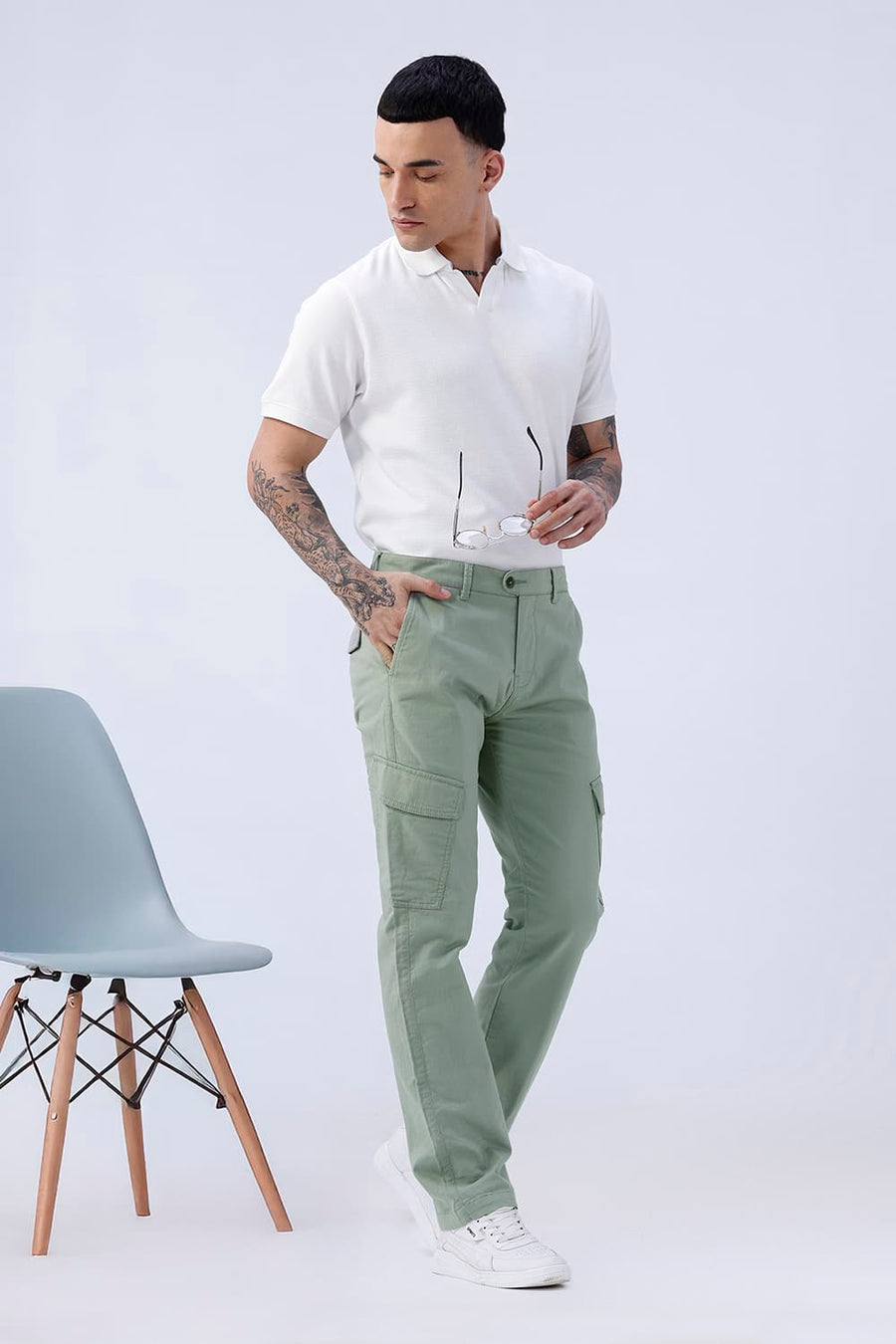 BASICS DRIFT FIT DRIED SAGE GREEN COTTON DOUBLE CLOTH TROUSER