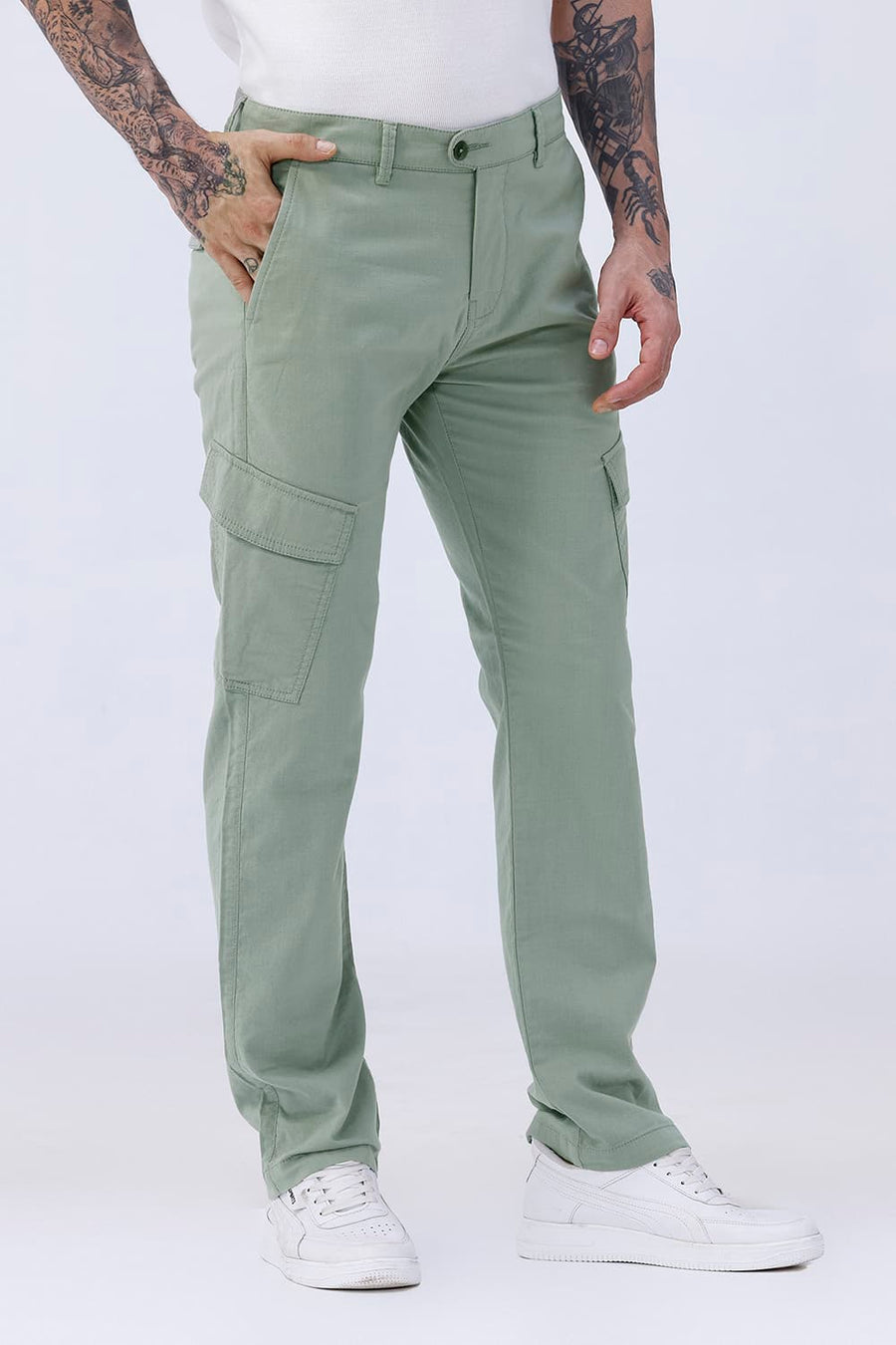 BASICS DRIFT FIT DRIED SAGE GREEN COTTON DOUBLE CLOTH TROUSER