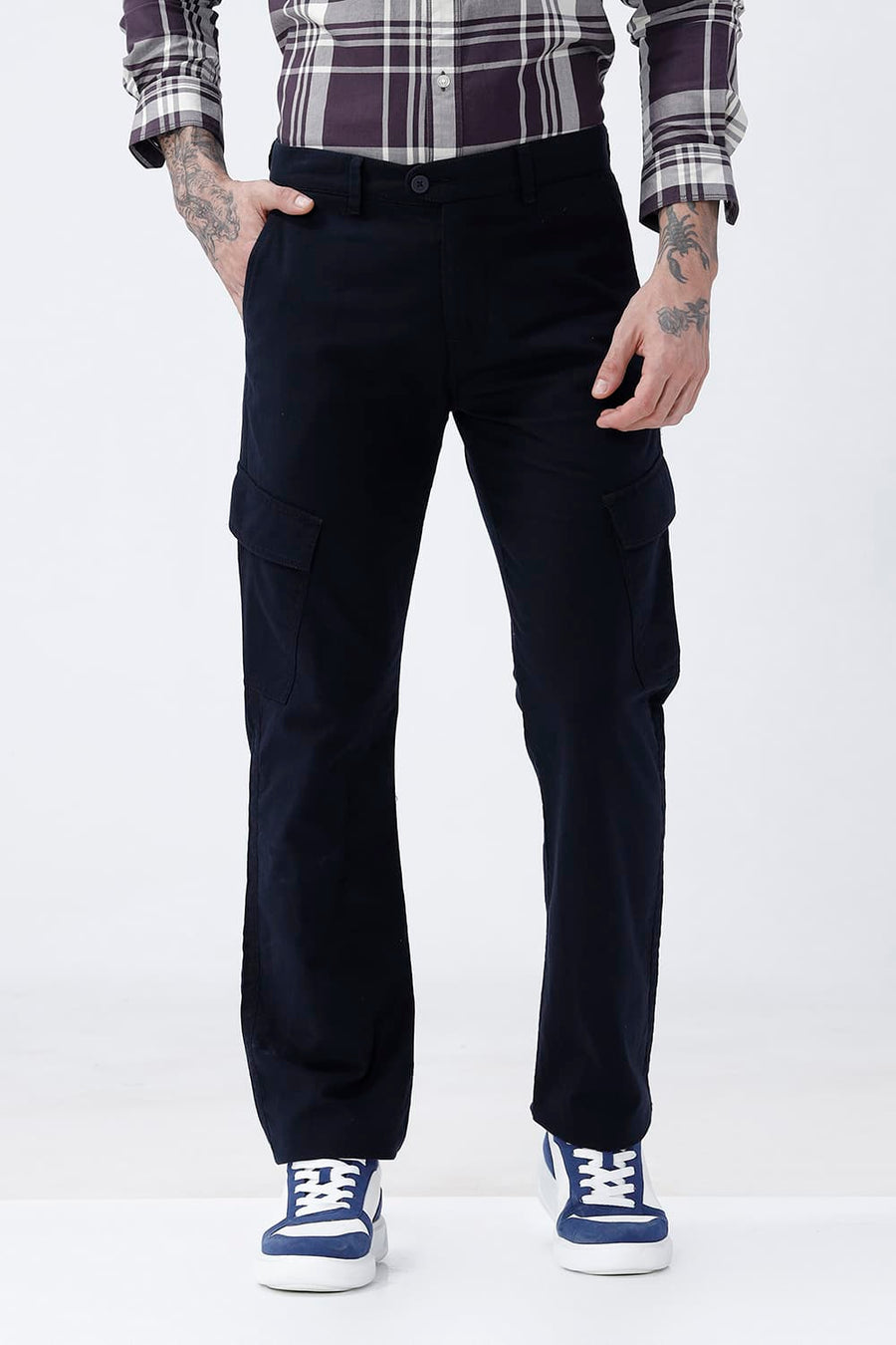 BASICS DRIFT FIT CHARCOAL ART NAVY COTTON DOUBLE CLOTH TROUSER