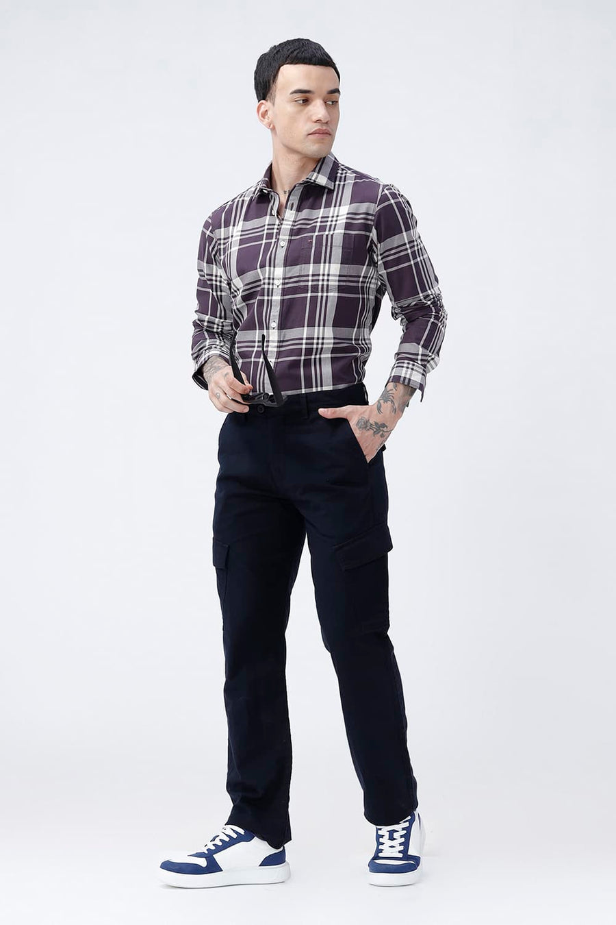 BASICS DRIFT FIT CHARCOAL ART NAVY COTTON DOUBLE CLOTH TROUSER