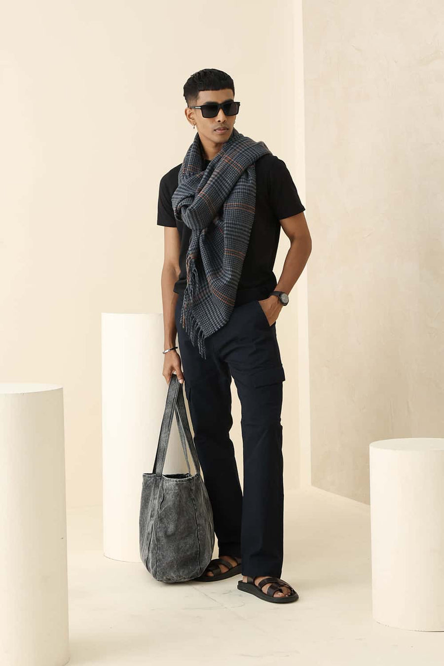 BASICS DRIFT FIT CHARCOAL ART NAVY COTTON DOUBLE CLOTH TROUSER
