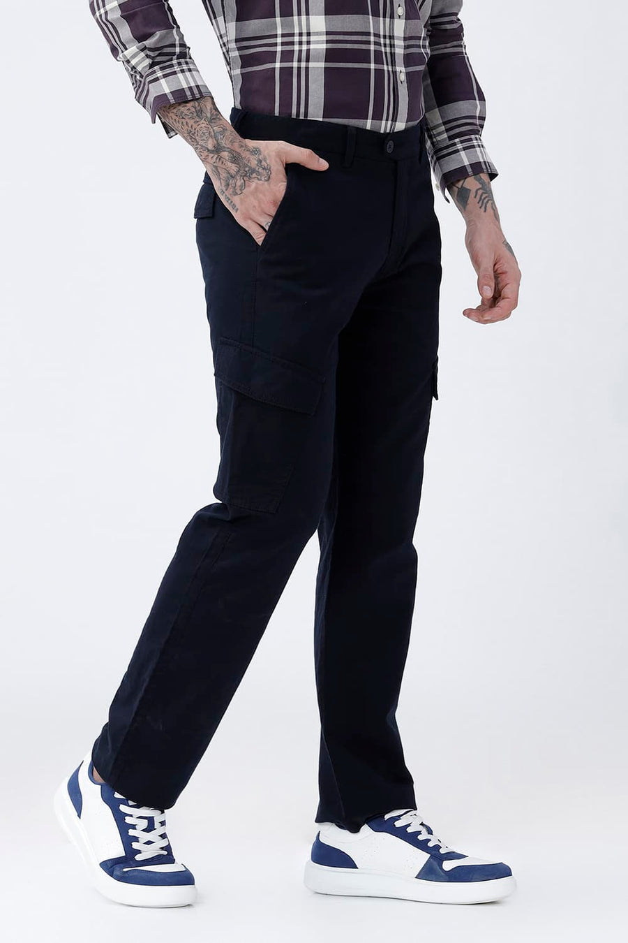 BASICS DRIFT FIT CHARCOAL ART NAVY COTTON DOUBLE CLOTH TROUSER