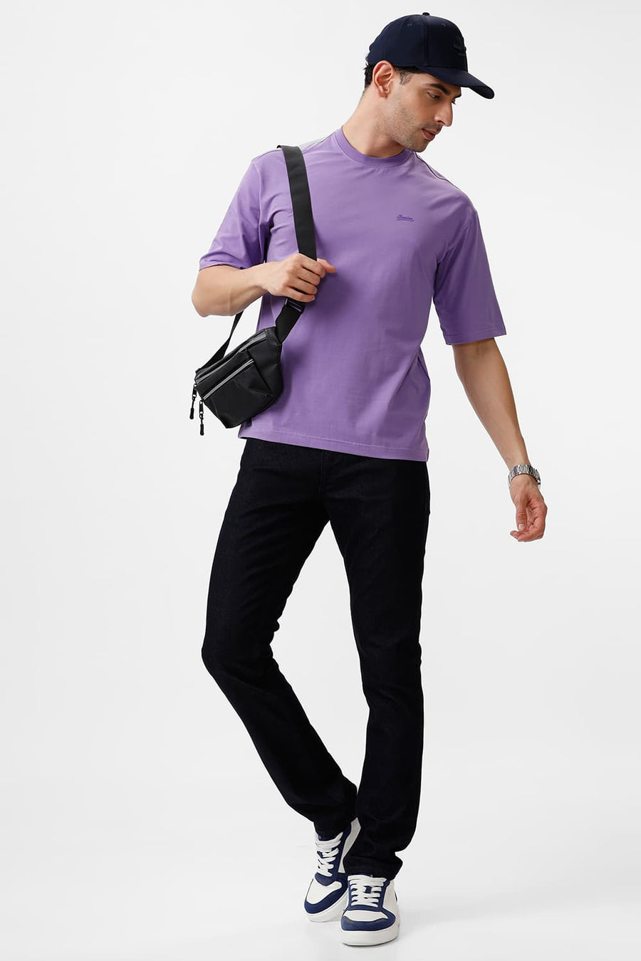 BASICS RELAXED FIT ULTRA VIOLET COTTON STRETCH CREW T-SHIRT