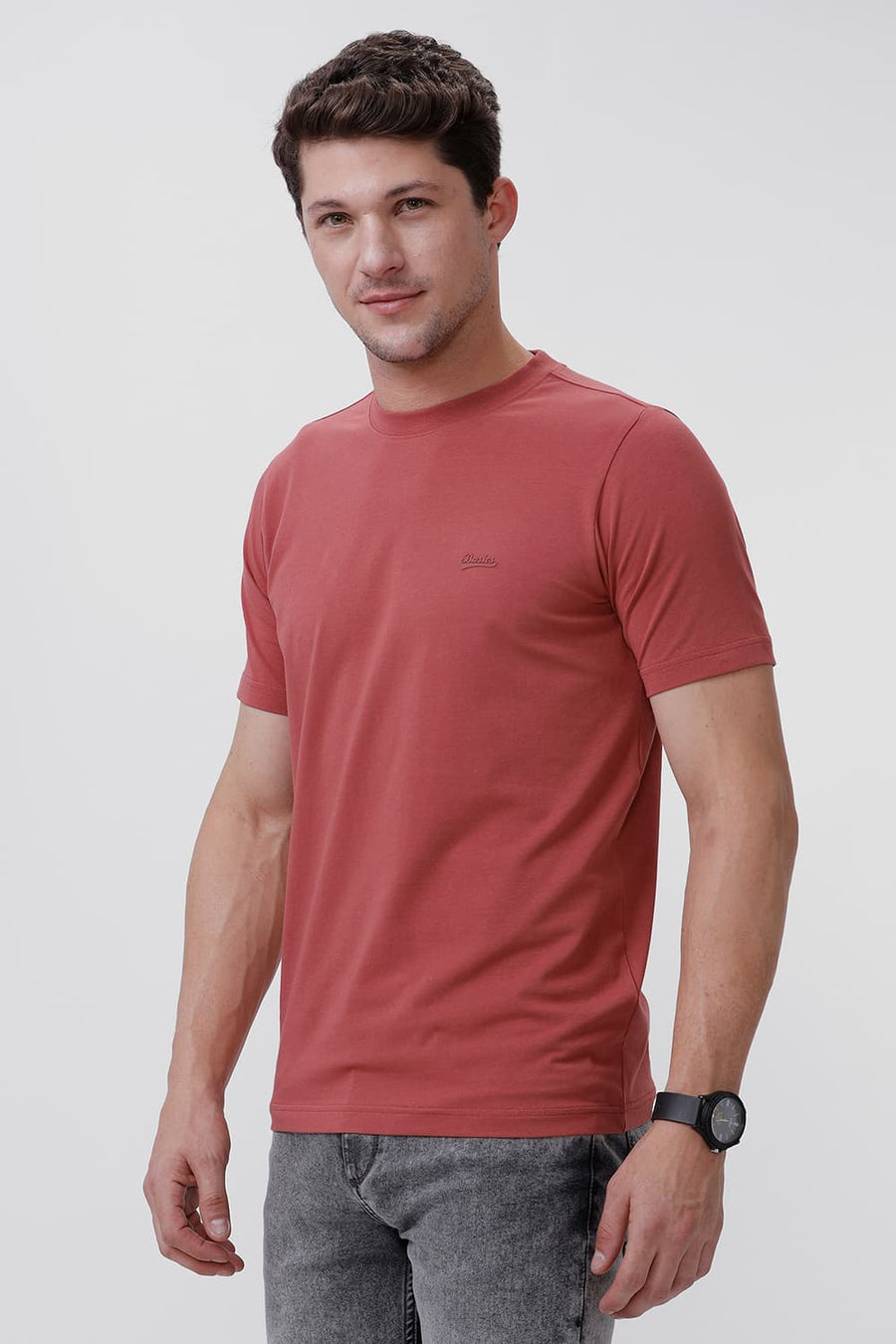 BASICS REGULAR FIT DUSTY CEDAR COTTON STRETCH CREW T-SHIRT