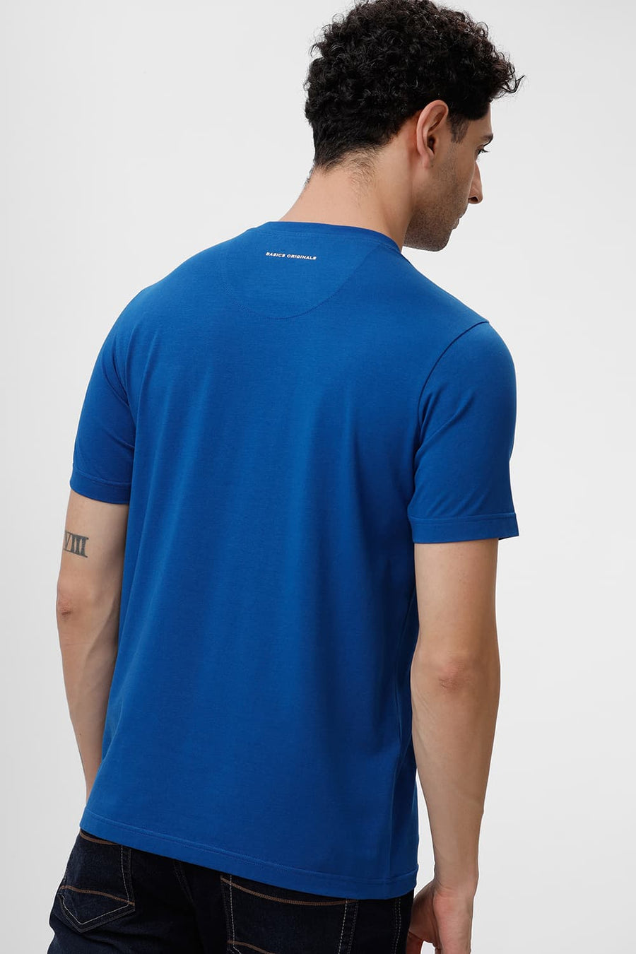 BASICS REGULAR FIT ROYAL BLUE COTTON STRETCH CREW T-SHIRT