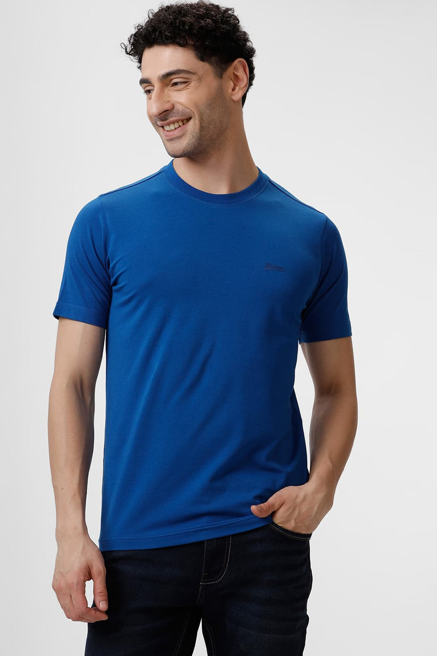 BASICS REGULAR FIT ROYAL BLUE COTTON STRETCH CREW T-SHIRT