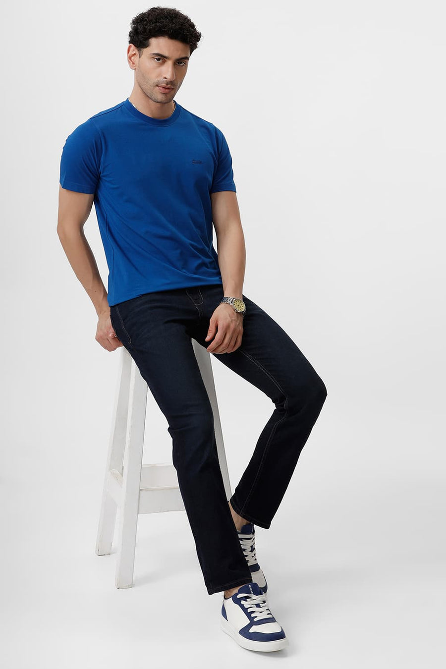 BASICS REGULAR FIT ROYAL BLUE COTTON STRETCH CREW T-SHIRT