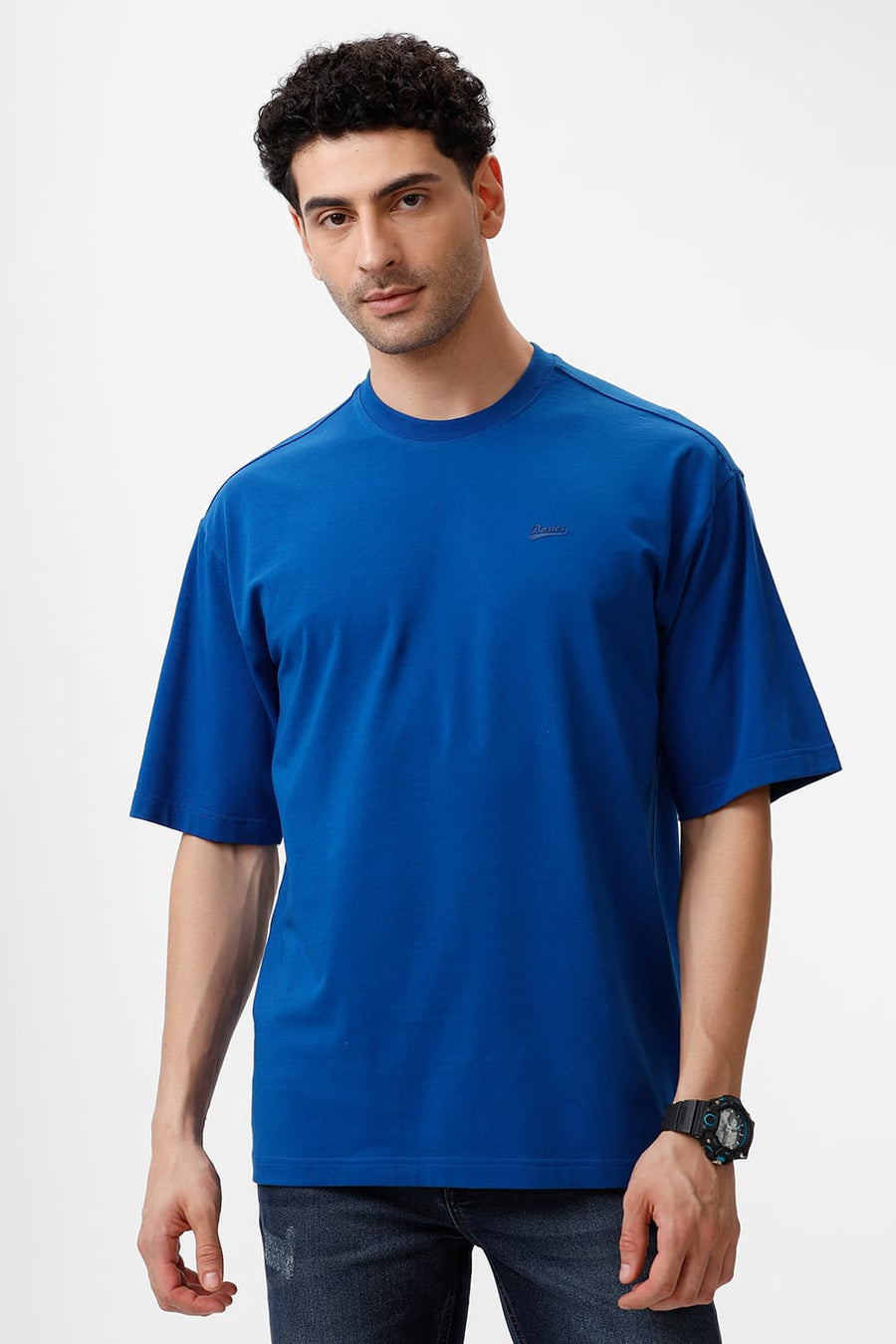 BASICS RELAXED FIT ROYAL BLUE COTTON STRETCH CREW T-SHIRT