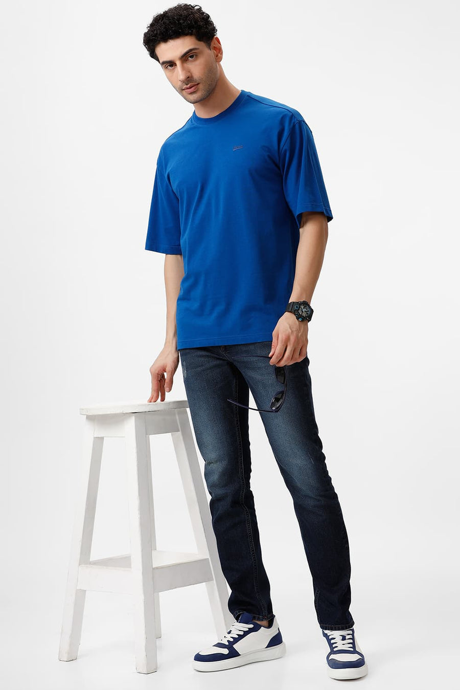 BASICS RELAXED FIT ROYAL BLUE COTTON STRETCH CREW T-SHIRT