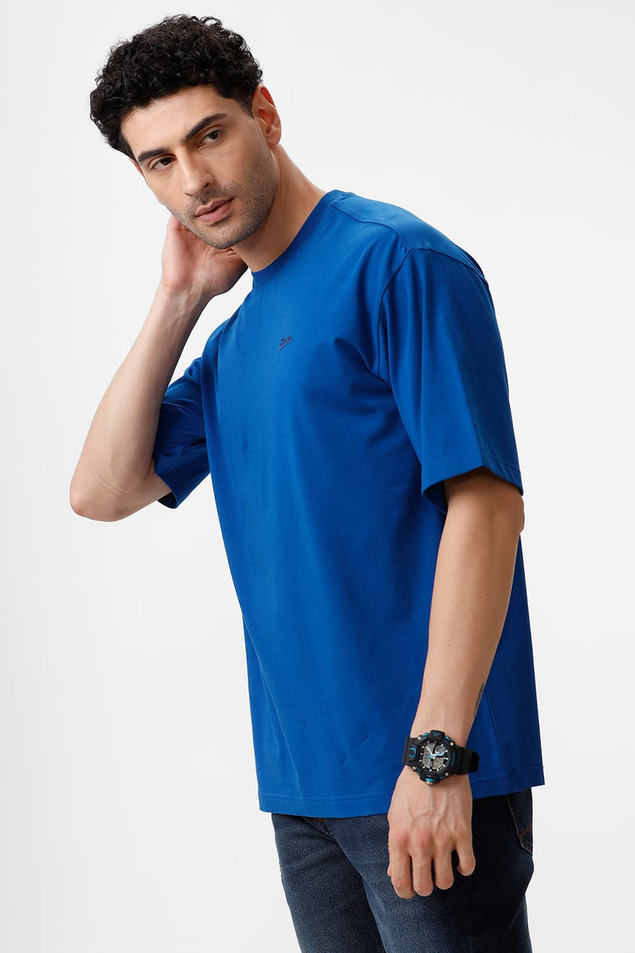 BASICS RELAXED FIT ROYAL BLUE COTTON STRETCH CREW T-SHIRT