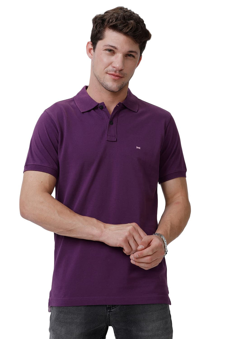 BASICS REGULAR FIT PLUM COTTON POLO T-SHIRT