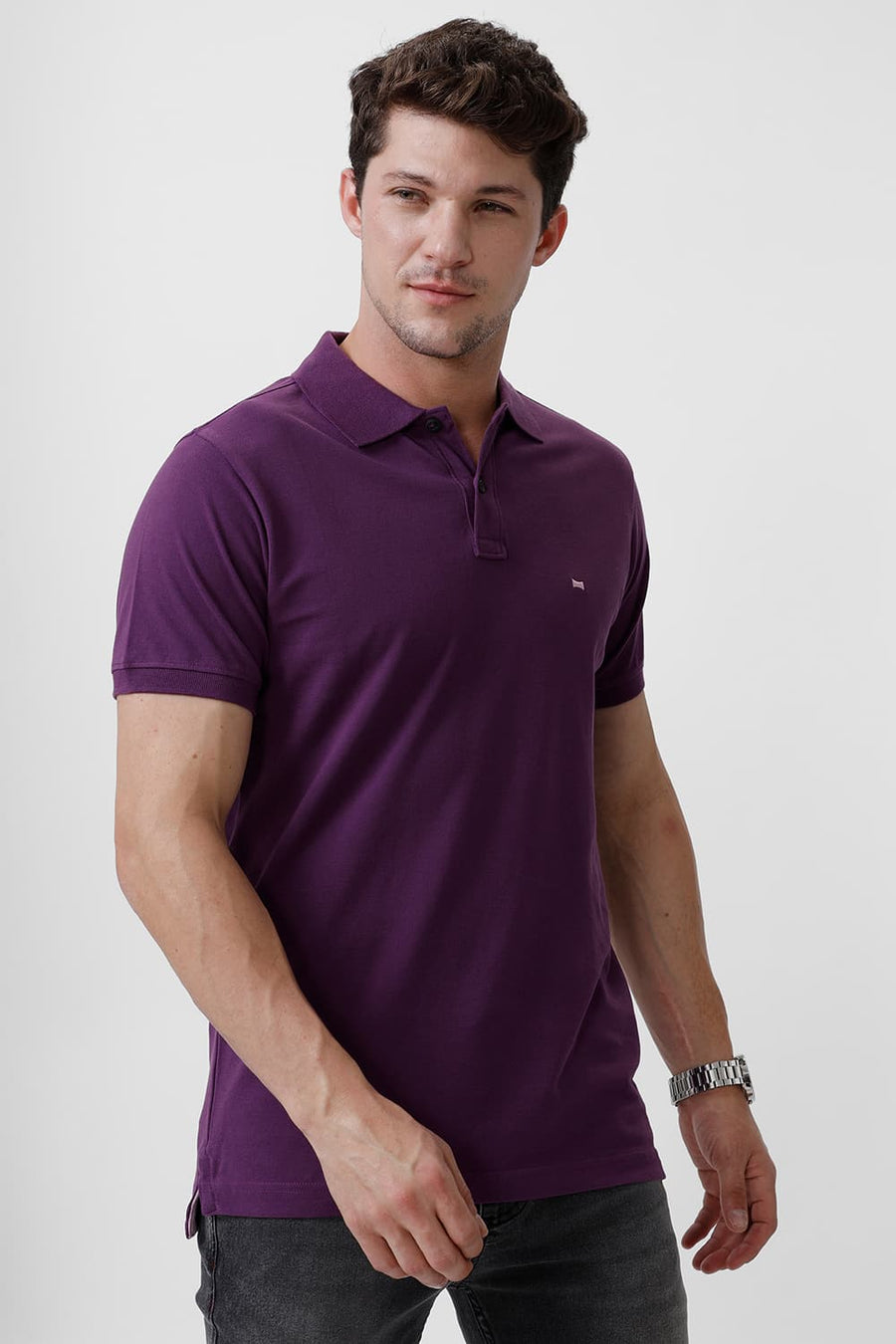 BASICS REGULAR FIT PLUM COTTON POLO T-SHIRT