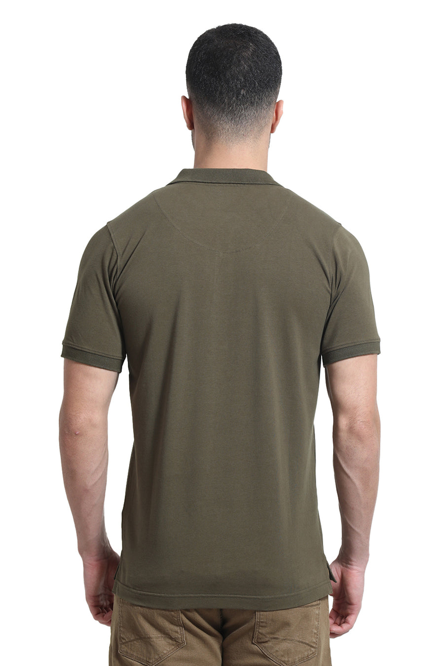 BASICS REGULAR FIT OIL GREEN COTTON STRETCH POLO T-SHIRT