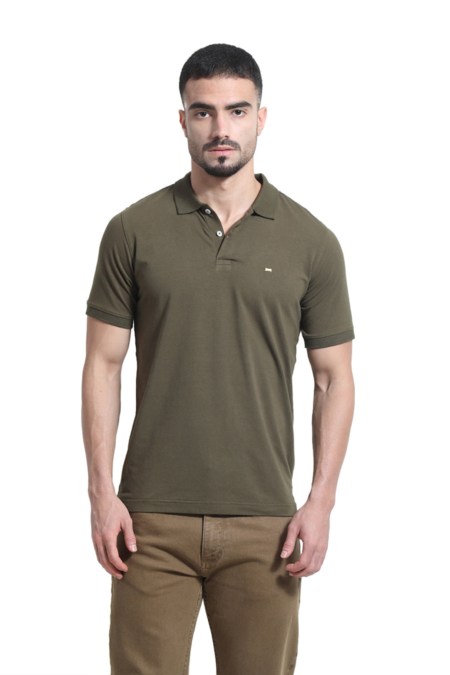BASICS REGULAR FIT OIL GREEN COTTON STRETCH POLO T-SHIRT